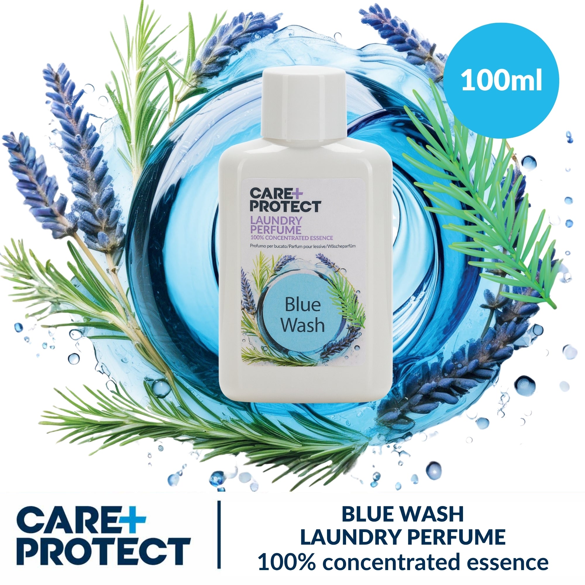 Care Protect laundry perfume bottle 100 ml with lavender and water droplets on a white background
