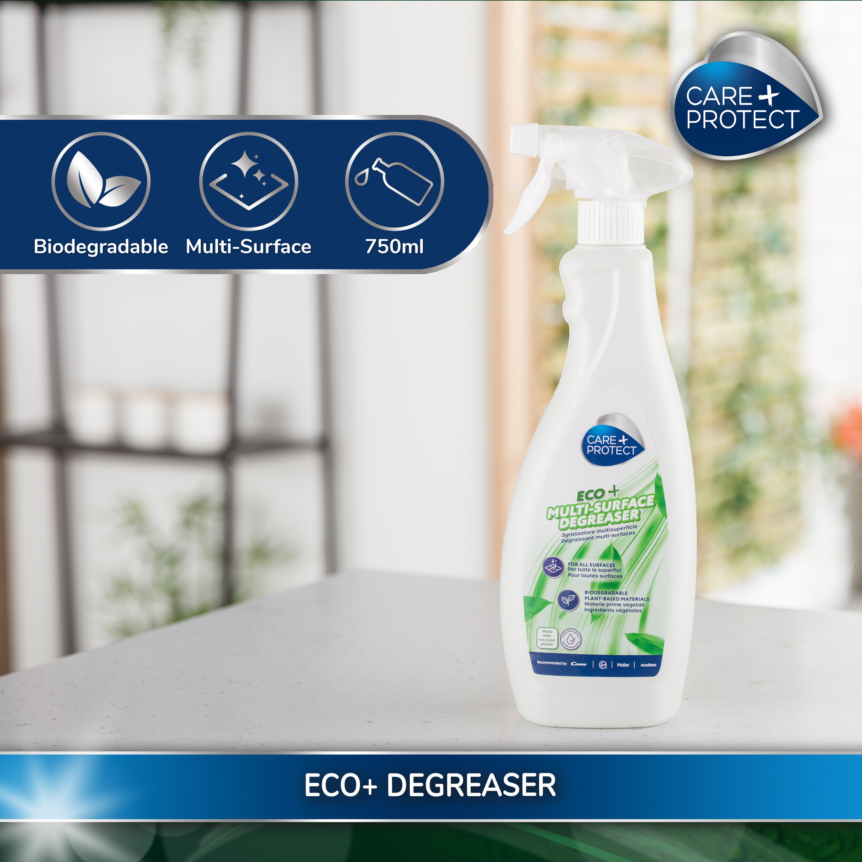 CARE + PROTECT ECO+ Multi-Surface Degreaser, Strongly Degreases and Cleans the Kitchen and Home Surfaces, Deeply Removes Dirt and Grease, 750 ml