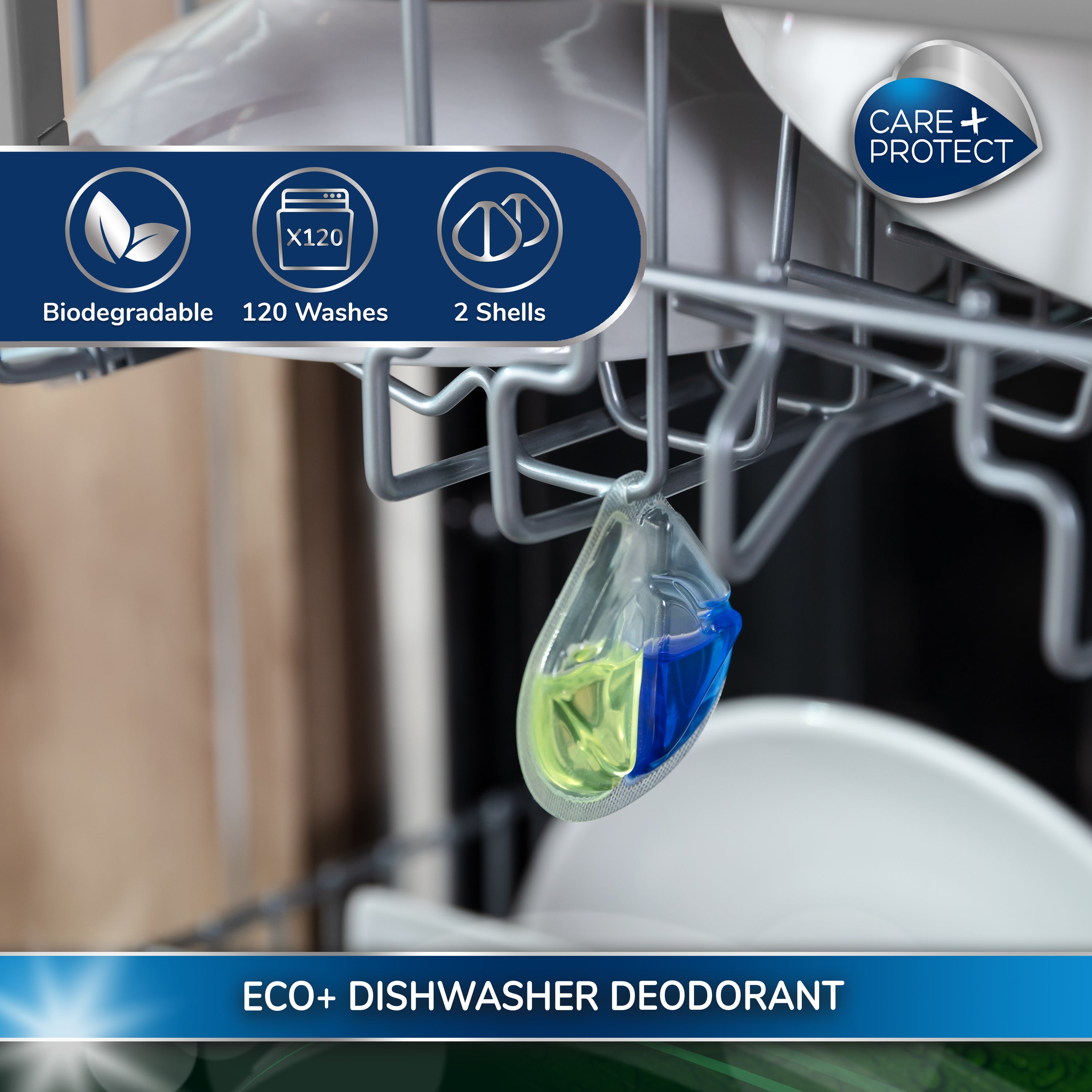 CARE + PROTECT ECO+ Deodorant for Dishwasher, Eliminates Bad Odours, Long-Lasting Lemon Fragrance, 2 Shells, Upto 120 Washes