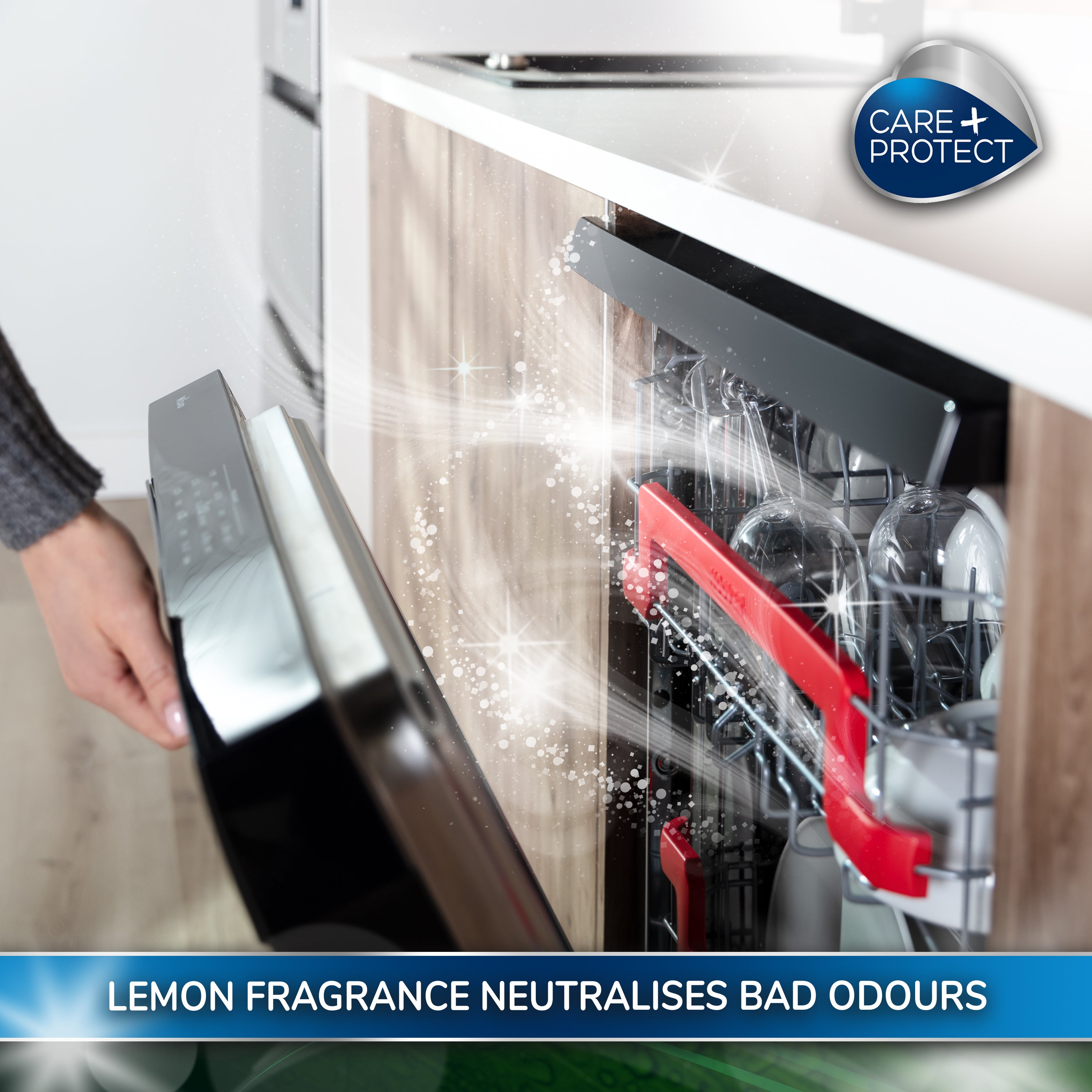 CARE + PROTECT ECO+ Deodorant for Dishwasher, Eliminates Bad Odours, Long-Lasting Lemon Fragrance, 2 Shells, Upto 120 Washes