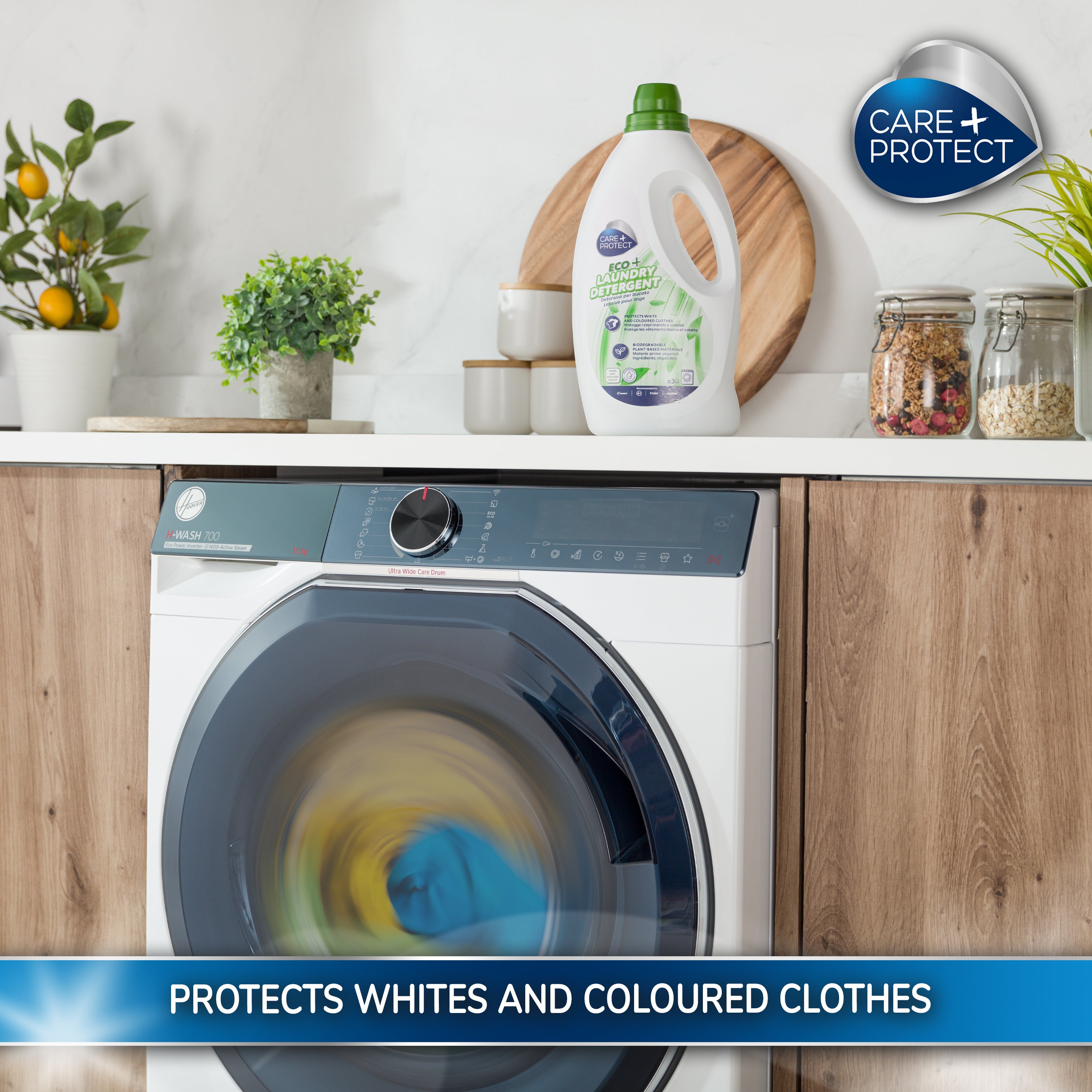 CARE + PROTECT ECO+ Laundry Detergent, for Machine and Hand Washing, White & Coloured Clothes, Effective even at 30° and in Rapid Cycles, Ecolabel Certified, Hypoallergenic, 1500ml for Upto 30 Washes