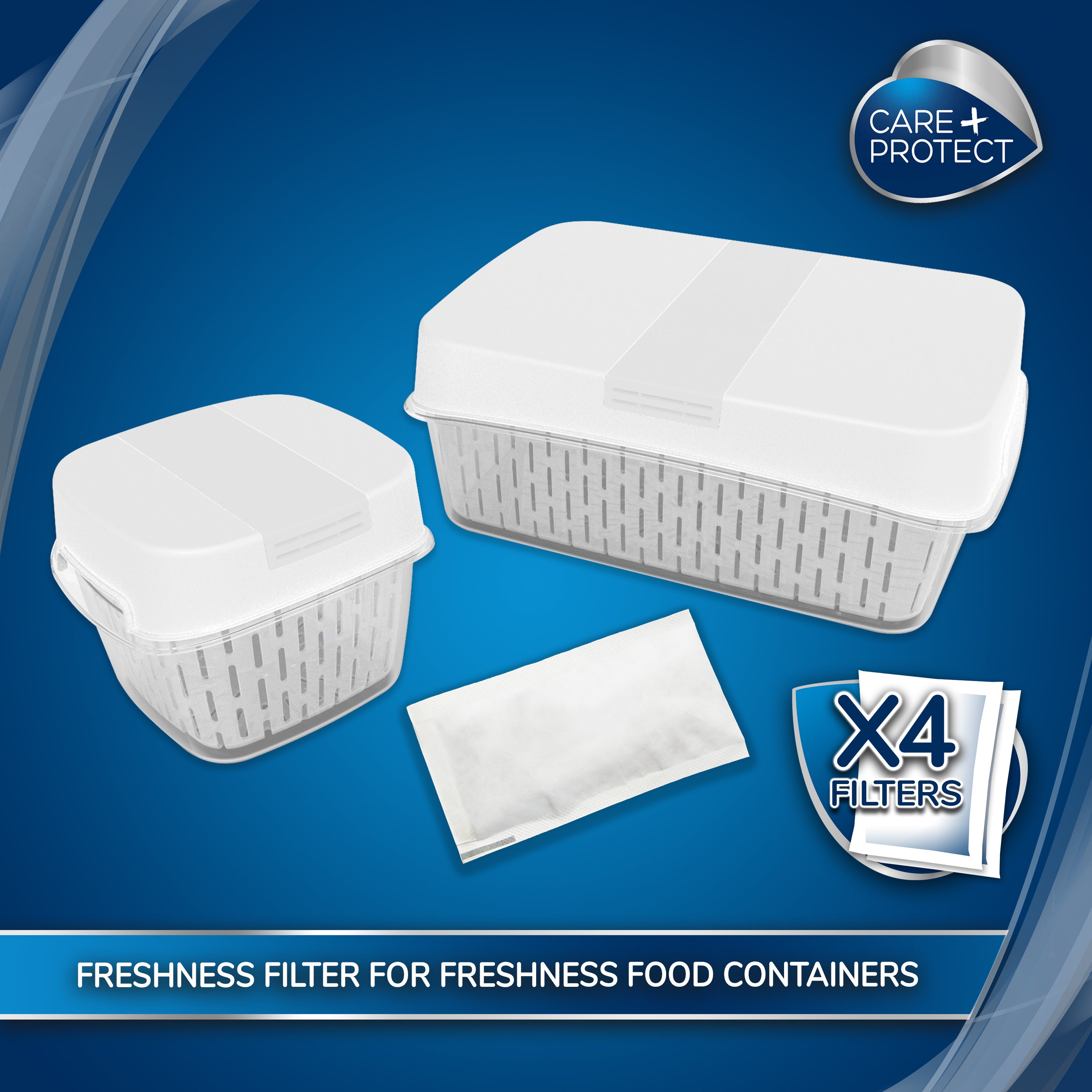 Containers with white lids sit on a blue background, alongside a rectangular freshness filter. Text reads: "X4 Filters" and "FRESHNESS FILTER FOR FRESHNESS FOOD CONTAINERS."