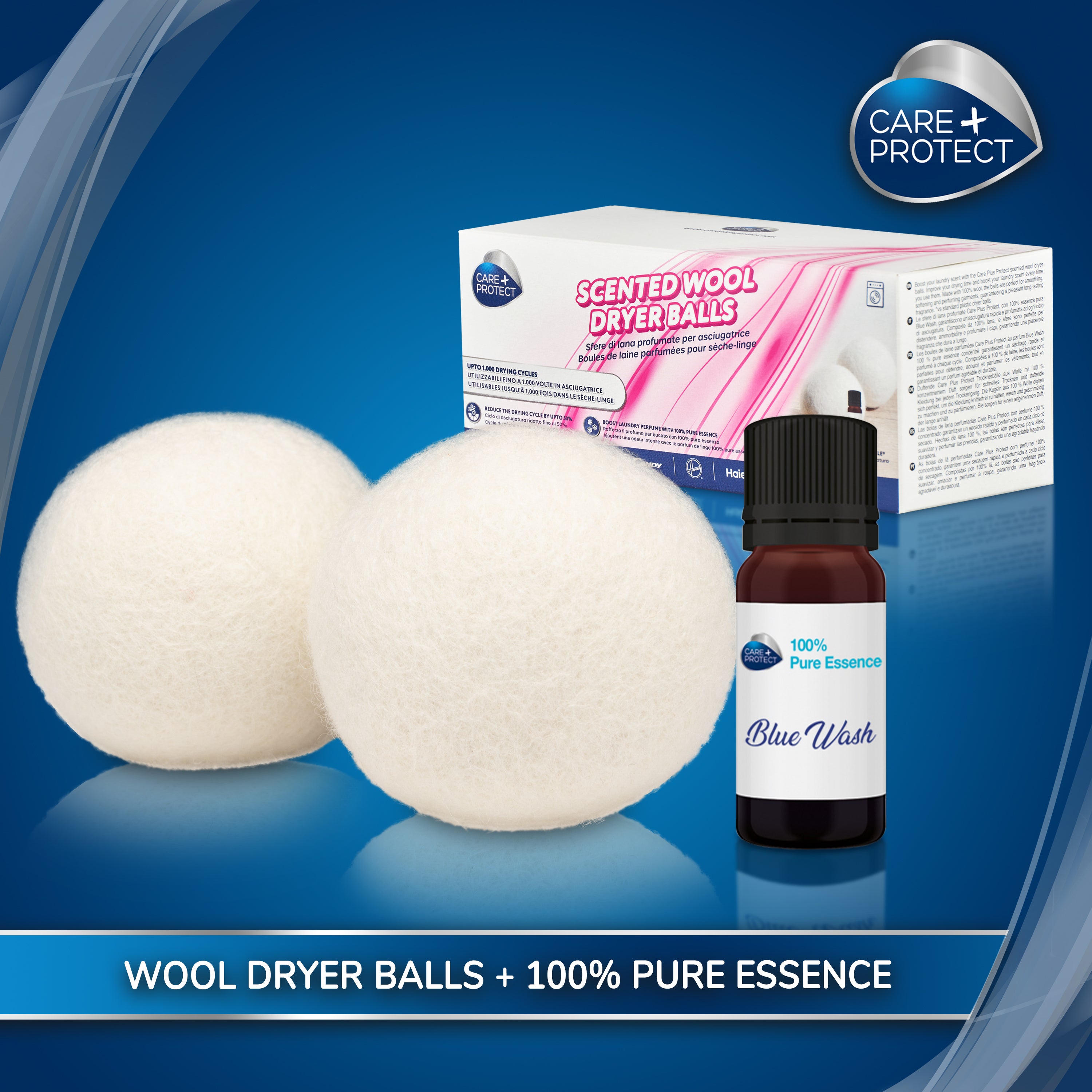 CARE + PROTECT Wool Dryer Balls With 100% Perfumed Essence, Half Your Drying Time, Save Energy, 1000 Cycles, Pack of 2 Balls + 10ml Essence