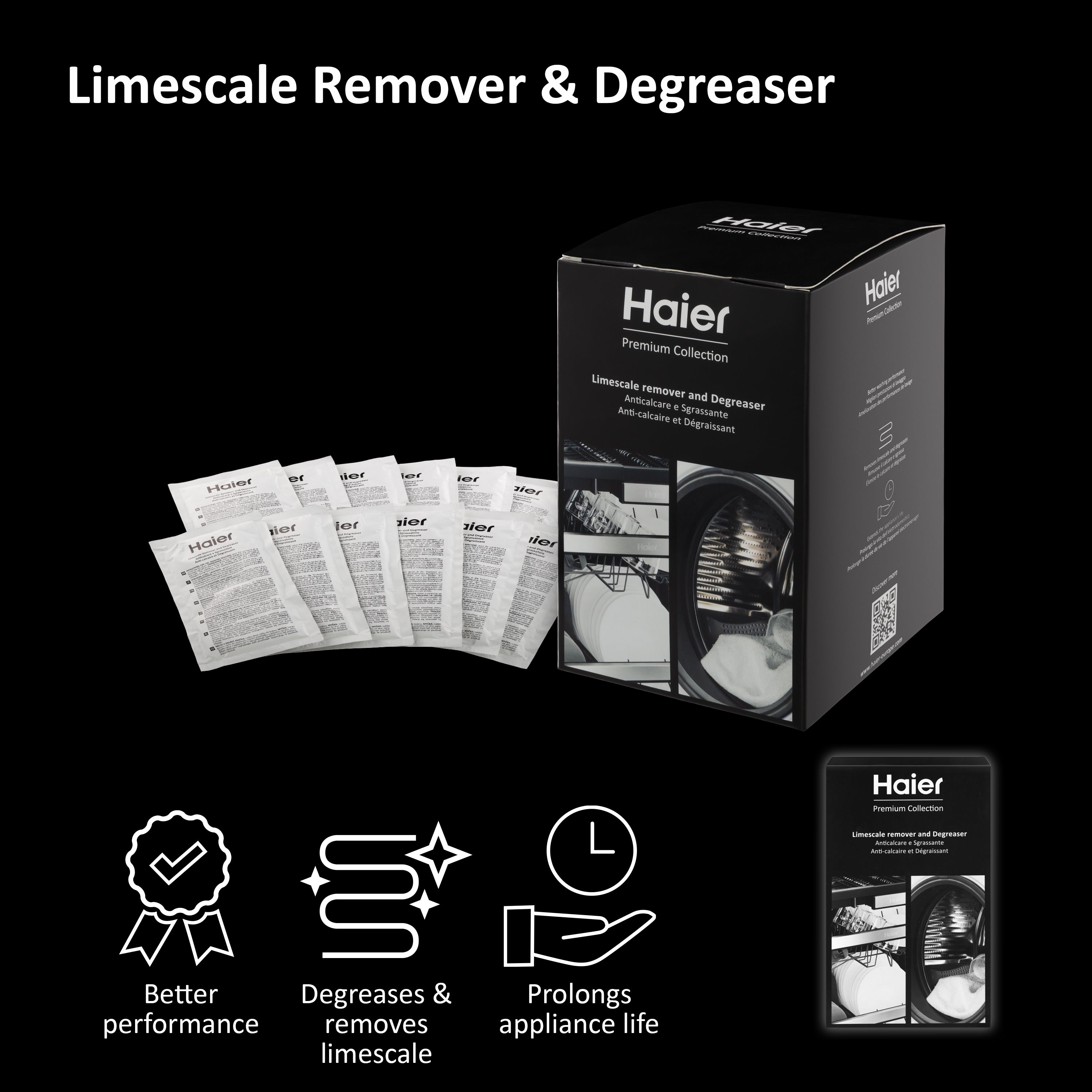 Haier Washing Machine and Dishwasher Limescale Remover & Digreaser, 12 Sachets