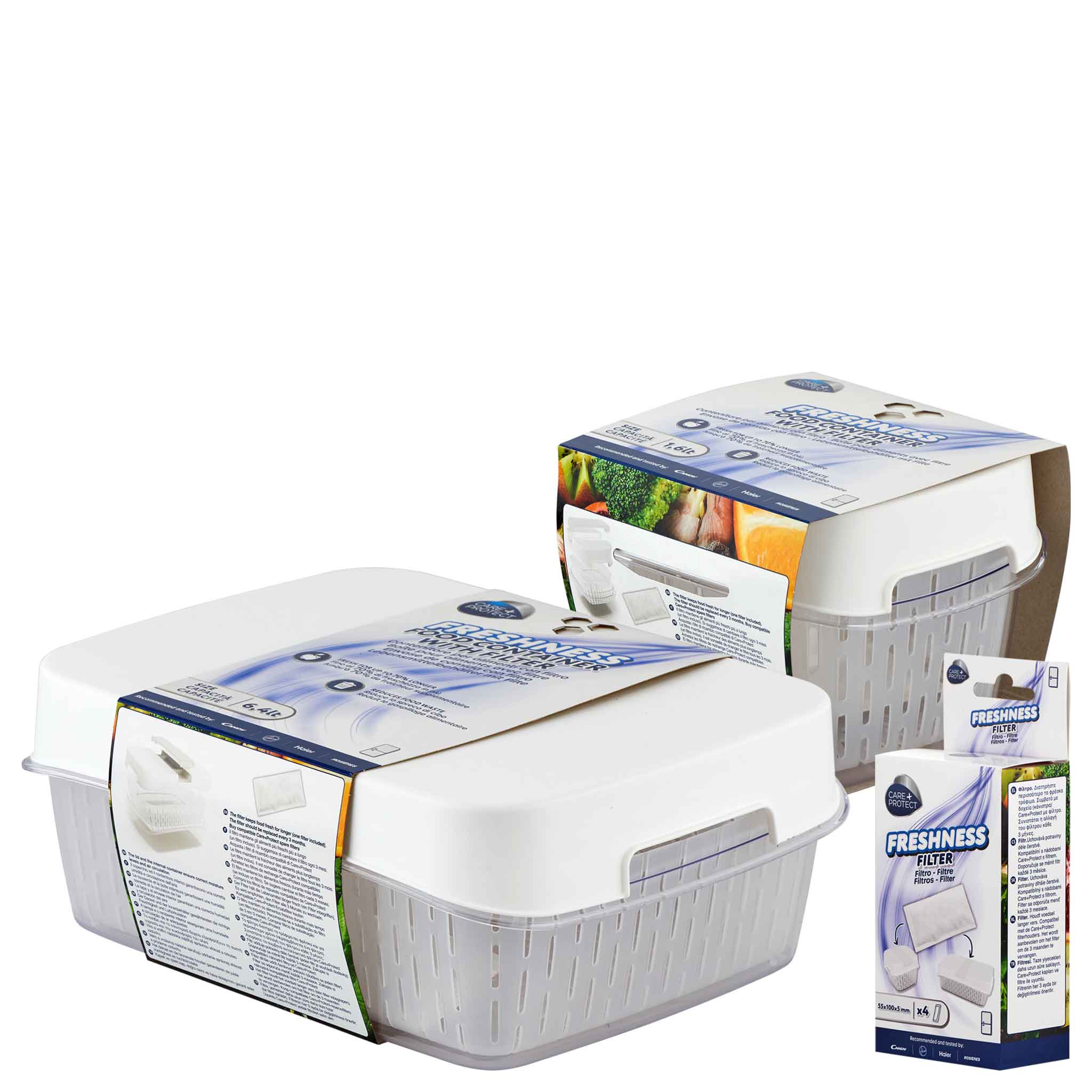 Two white, rectangular storage containers with lids and vented sides are labeled "FRESHNESS FILTER" for preserving fruits and vegetables. A matching filter package is included.