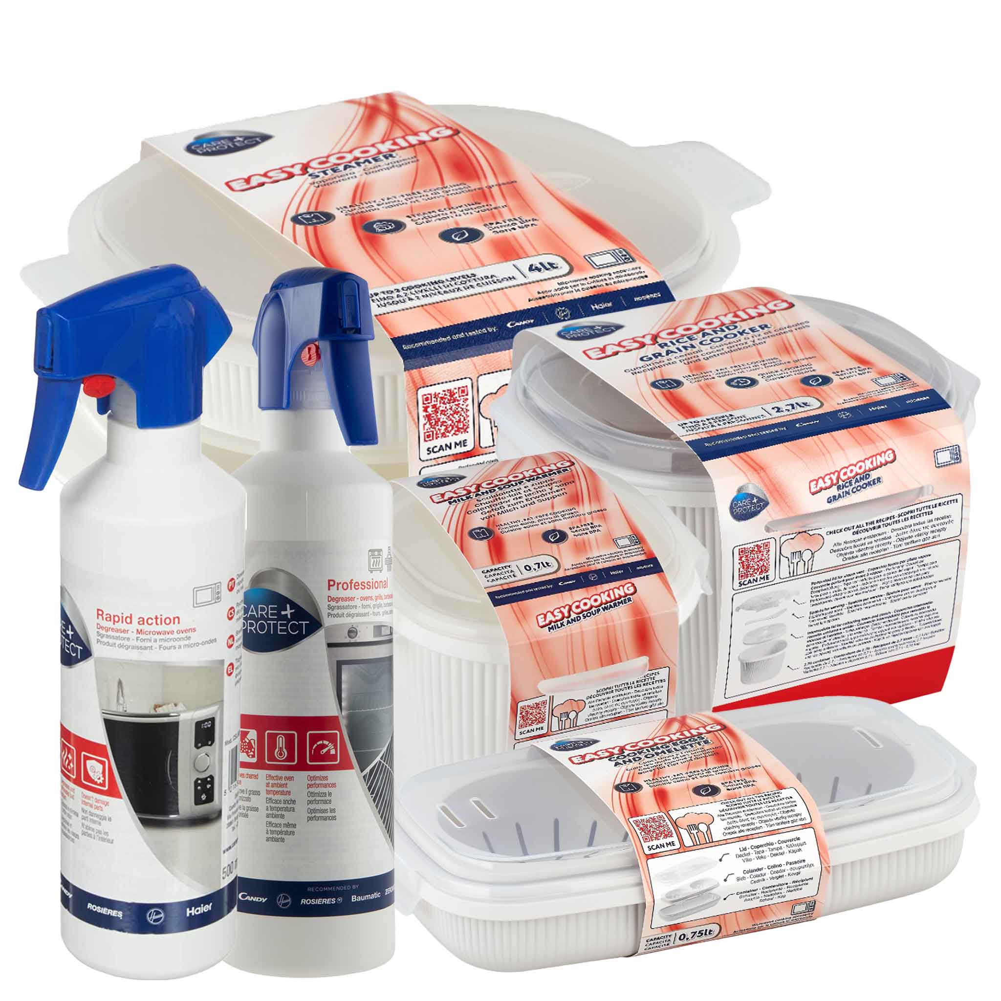 Plastic cooking containers and cleaning spray bottles are grouped together. Containers feature "EASY COOKING" labels with instructions, emphasizing microwave compatibility. Sprays labeled "Rapid action" and "Professional".