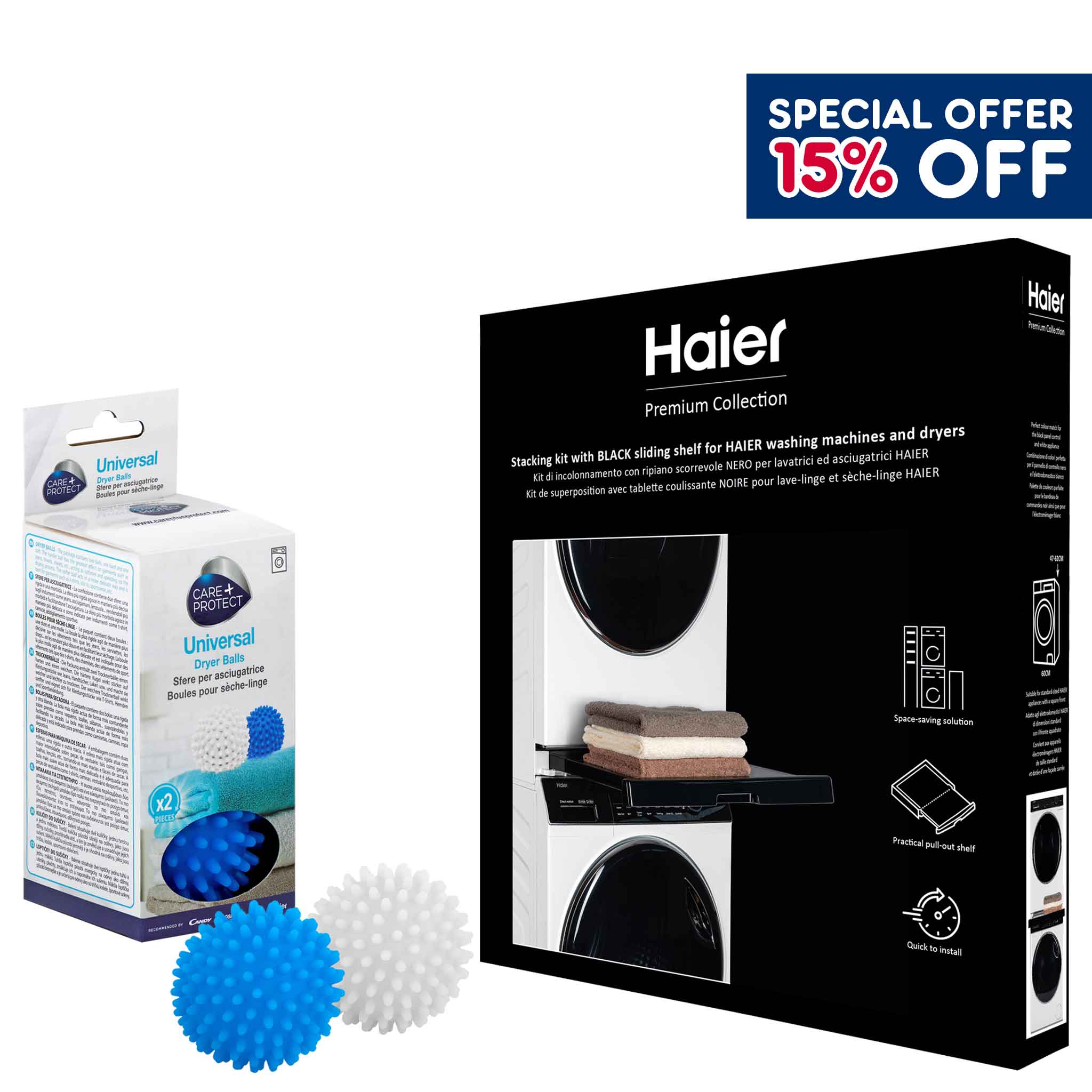 Haier Washing Machine and Tumble Dryer Stacking Kit + Universal Dryer Ball Bundle